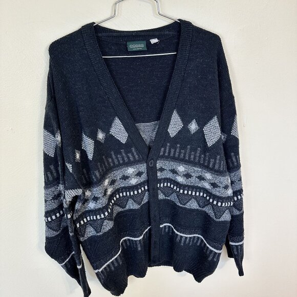 Vintage CANDA Nordic Pattern Cardigan Sweater Grey Geometric Large Wool Blend - Picture 7 of 8